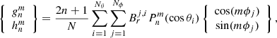 Mathematical equation: $$ \begin{aligned} \left\{ \begin{array}{cc} { g}^{m}_{n} \\ h^{m}_{n} \end{array} \right\} = \frac{2n+1}{N} \sum \limits ^{N_\theta }_{i = 1} \sum \limits ^{N_\phi }_{j = 1} B^{j,i}_{r} P^{m}_{n}(\cos \theta _i) \left\{ \begin{array}{cc} \cos (m \phi _j) \\ \sin (m \phi _j) \end{array} \right\} ,\end{aligned} $$