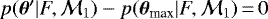 Mathematical equation: $p({\bm \theta}'|F,\mathcal{M}_1) - p({\bm \theta}_{\textrm{max}}|F,\mathcal{M}_1)\,{=}\,0$