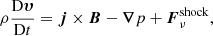 Mathematical equation: $$ \begin{aligned} \rho \frac{{\mathrm{D} {\boldsymbol{\upsilon}}}}{{\mathrm{D} t}} = {\boldsymbol{j}} \times {\boldsymbol{B}} - {\boldsymbol{\nabla }} p + {\boldsymbol{F}}_\nu ^\mathrm{shock}, \end{aligned} $$