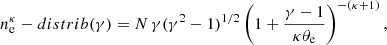 Mathematical equation: $$ \begin{aligned} n_{\rm e}^\mathrm \kappa -distrib (\gamma ) = N \,\gamma (\gamma ^2 - 1)^{1/2} \left( 1+ \frac{\gamma -1}{\kappa \theta _{\rm e}}\right)^{-(\kappa +1)}, \end{aligned} $$