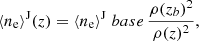 Mathematical equation: $$ \begin{aligned} \langle n_{\rm e} \rangle ^\mathrm{J} (z) = \langle n_{\rm e} \rangle ^\mathrm J\;base \, \frac{\rho (z_b)^2}{\rho (z)^2}, \end{aligned} $$
