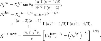 Mathematical equation: $$ \begin{aligned}&\mathcal{J} _\nu ^\mathrm{low} = X_\kappa ^{1/3}\sin \theta _{B}\, \frac{4\pi \,\Gamma (\kappa -4/3)}{3^{7/3}\, \Gamma (\kappa -2)}, \\&\mathcal{J} _\nu ^\mathrm{high} = X_\kappa ^{-(\kappa -2)/2}\sin \theta _{B} \,3^{(\kappa -1)/2} \nonumber \\&\quad \quad \quad \times \frac{(\kappa -2)(\kappa -1)}{4}\, \Gamma (\kappa /4 - 1/3) \Gamma (\kappa /4+4/3), \nonumber \\&j_\nu ^{\mathrm \kappa -distrib} = \frac{\langle n_{\rm e} \rangle ^\mathrm{J} \,e^2\, \nu _{\rm c}}{c}\,\left[ \left(\mathcal{J} _\nu ^\mathrm{low} \right)^{-x_j} + \left(\mathcal{J} _\nu ^\mathrm{high} \right)^{-x_j} \right]^{-1/x_j}, \nonumber \end{aligned} $$