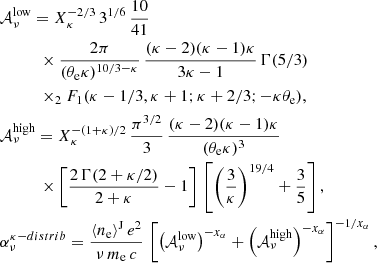 Mathematical equation: $$ \begin{aligned}&\mathcal{A} _\nu ^\mathrm{low} = X_\kappa ^{-2/3}\,3^{1/6}\,\frac{10}{41} \\&\quad \quad \quad \times \frac{2 \pi }{(\theta _{\rm e} \kappa )^{10/3-\kappa }}\,\frac{(\kappa -2)(\kappa -1)\kappa }{3\kappa -1}\,\Gamma (5/3) \nonumber \\&\quad \quad \quad \times _2F_1(\kappa -1/3,\kappa +1;\kappa +2/3;-\kappa \theta _{\rm e}), \nonumber \\&\mathcal{A} _\nu ^\mathrm{high} = X_\kappa ^{-(1+\kappa )/2}\,\frac{\pi ^{3/2}}{3}\,\frac{(\kappa -2)(\kappa -1)\kappa }{(\theta _{\rm e}\kappa )^3} \nonumber \\&\quad \quad \quad \times \left[\frac{2\,\Gamma (2+\kappa /2)}{2+\kappa } -1\right]\, \left[ \left(\frac{3}{\kappa } \right)^{19/4} + \frac{3}{5}\right], \nonumber \\&\alpha _\nu ^{\mathrm \kappa -distrib} = \frac{\langle n_{\rm e} \rangle ^\mathrm{J} \,e^2}{\nu \,m_{\rm e}\,c} \,\left[ \left(\mathcal{A} _\nu ^\mathrm{low} \right)^{-x_\alpha } + \left(\mathcal{A} _\nu ^\mathrm{high} \right)^{-x_\alpha } \right]^{-1/x_\alpha }, \nonumber \end{aligned} $$