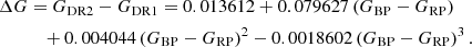 Mathematical equation: $$ \begin{aligned} \Delta G&= G_{\rm DR2} - G_{\rm DR1} = 0.013612 + 0.079627 \left( G_{\rm BP} - G_{\rm RP} \right) \nonumber \\&\quad + 0.004044 \left( G_{\rm BP} - G_{\rm RP} \right)^{2} - 0.0018602 \left( G_{\rm BP} - G_{\rm RP} \right)^{3}. \end{aligned} $$