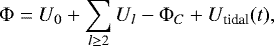 Mathematical equation: \begin{equation*}\Phi=U_0+\sum_{l\geq 2} U_l-\Phi_C+U_{\text{tidal}}(t)\text{,} \end{equation*}