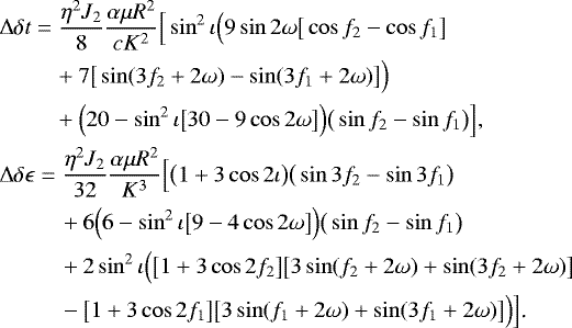 Mathematical equation: \begin{align*} &\Delta\delta t=\frac{\eta^2 J_2}{8}\frac{\alpha\mu R^2}{cK^2}\Big[\sin^2\iota\Big(9\sin 2\omega\big[\cos f_2-\cos f_1\big]\nonumber\\ &\hspace*{24pt}+7\big[\sin(3f_2+2\omega)-\sin(3f_1+2\omega)\big]\Big)\nonumber\\ &\hspace*{24pt}+\Big(20-\sin^2\iota\big[30-9\cos 2\omega\big]\Big)\big(\sin f_2-\sin f_1\big)\Big]\text{,}\\ &\Delta\delta\epsilon=\frac{\eta^2 J_2}{32}\frac{\alpha\mu R^2}{K^3}\Big[\big(1+3\cos 2\iota\big)\big(\sin 3f_2-\sin 3f_1\big)\nonumber\\ &\hspace*{26pt}+6\Big(6-\sin^2\iota\big[9-4\cos 2\omega\big]\Big)\big(\sin f_2-\sin f_1\big)\nonumber\\ &\hspace*{26pt}+2\sin^2\iota\Big(\big[1+3\cos 2f_2\big]\big[3\sin(f_2+2\omega)+\sin(3f_2+2\omega)\big]\nonumber\\ &\hspace*{26pt}-\big[1+3\cos 2f_1\big]\big[3\sin(f_1+2\omega)+\sin(3f_1+2\omega)\big]\Big)\Big]\text{.} \end{align*}