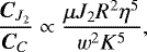 Mathematical equation: \begin{equation*} \frac{\bm{C}_{J_2}}{\bm{C}_C}\propto\frac{\mu J_2R^2\eta^5}{w^2K^5}\text{,} \end{equation*}