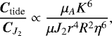 Mathematical equation: \begin{equation*} \frac{\bm{C}_{\text{tide}}}{\bm{C}_{J_2}}\propto\frac{\mu_AK^6}{\mu J_2r^4R^2\eta^6}\text{,} \end{equation*}