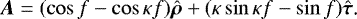 Mathematical equation: \begin{equation*}\bm{A}=(\cos f-\cos\kappa f)\hat{\bm{\rho}}+(\kappa\sin\kappa f-\sin f)\hat{\bm{\tau}}\text{.} \end{equation*}