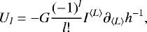 Mathematical equation: \begin{equation*}U_{l}=-G\frac{(-1)^l}{l!}I^{{\langle}L{\rangle}}\partial_{{\langle}L{\rangle}}h^{-1}\text{,} \end{equation*}