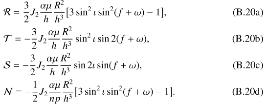 Mathematical equation: \begin{align}&\mathcal{R}=\frac{3}{2}J_2\frac{\alpha\mu}{h}\frac{R^2}{h^3}\big[3\sin^2\iota\sin^2(f+\omega)-1\big]\text{,}\\ &\mathcal{T}=-\frac{3}{2}J_2\frac{\alpha\mu}{h}\frac{R^2}{h^3}\sin^2\iota\sin 2(f+\omega)\text{,}\\ &\mathcal{S}=-\frac{3}{2}J_2\frac{\alpha\mu}{h}\frac{R^2}{h^3}\sin 2\iota\sin(f+\omega)\text{,}\\ &\mathcal{N}=-\frac{1}{2}J_2\frac{\alpha\mu}{np}\frac{R^2}{h^3}\big[3\sin^2\iota\sin^2(f+\omega)-1\big]\text{.}\end{align}