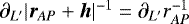 Mathematical equation: $\partial_{L'}|\bm{r}_{AP}+\bm{h}|^{-1}=\partial_{L'}r_{AP}^{-1}$