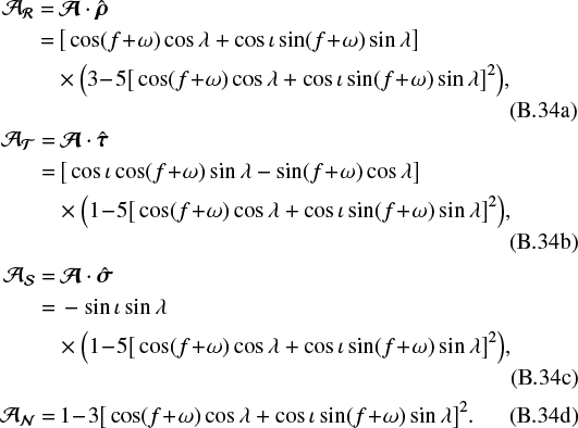 Mathematical equation: \begin{align}\mathcal{A}_{\mathcal{R}}=&\,\bm{\mathcal{A}}\cdot\hat{\bm{\rho}}\nonumber\\ =&\,\big[\cos(f\!+\!\omega)\cos\lambda+\cos\iota\sin(f\!+\!\omega)\sin\lambda\big]\nonumber\\ &\times\Big(3\!-\!5\big[\cos(f\!+\!\omega)\cos\lambda+\cos\iota\sin(f\!+\!\omega)\sin\lambda\big]^2\Big)\text{,}\\ \mathcal{A}_{\mathcal{T}}=&\,\bm{\mathcal{A}}\cdot\hat{\bm{\tau}}\nonumber\\ =&\,\big[\cos\iota\cos(f\!+\!\omega)\sin\lambda-\sin(f\!+\!\omega)\cos\lambda\big]\nonumber\\ &\times\Big(1\!-\!5\big[\cos(f\!+\!\omega)\cos\lambda+\cos\iota\sin(f\!+\!\omega)\sin\lambda\big]^2\Big)\text{,}\\ \mathcal{A}_{\mathcal{S}}=&\,\bm{\mathcal{A}}\cdot\hat{\bm{\sigma}}\nonumber\\ =&\,-\sin\iota\sin\lambda\nonumber\\ &\times\Big(1\!-\!5\big[\cos(f\!+\!\omega)\cos\lambda+\cos\iota\sin(f\!+\!\omega)\sin\lambda\big]^2\Big)\text{,}\\ \mathcal{A}_{\mathcal{N}}=&\,1\!-\!3\big[\cos(f\!+\!\omega)\cos\lambda+\cos\iota\sin(f\!+\!\omega)\sin\lambda\big]^2\text{.}\end{align}