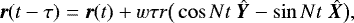 Mathematical equation: \begin{equation*} \bm{r}(t-\tau)=\bm{r}(t)+w\tau r\big(\cos Nt\ \hat{\bm{Y}}-\sin Nt\ \hat{\bm{X}}\big)\text{,} \end{equation*}