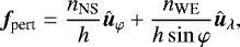 Mathematical equation: \begin{equation*} \bm{f}_{\text{pert}}=\frac{n_{\text{NS}}}{h}\hat{\bm{u}}_{\varphi}+\frac{n_{\text{WE}}}{h\sin\varphi}\hat{\bm{u}}_{\lambda}\text{,}\end{equation*}