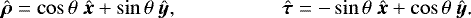 Mathematical equation: \begin{align*} \hat{\bm \rho}&=\cos\theta\ \hat{\bm{x}}+\sin\theta\ \hat{\bm{y}}\text{,} & \hat{\bm \tau}&=-\sin\theta\ \hat{\bm{x}}+\cos\theta\ \hat{\bm{y}}\text{.}\end{align*}