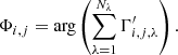 Mathematical equation: $$ \begin{aligned} \Phi _{i,j} = \arg \left(\sum _{\lambda =1}^{N_\lambda } \Gamma _{i,j,\lambda }^{\prime }\right). \end{aligned} $$
