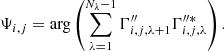 Mathematical equation: $$ \begin{aligned} \Psi _{i,j}&= \arg \left( \sum _{\lambda =1}^{N_\lambda -1} \Gamma _{i,j,\lambda +1}^{\prime \prime }\Gamma _{i,j,\lambda }^{\prime \prime *} \right). \end{aligned} $$