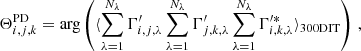 Mathematical equation: $$ \begin{aligned} \Theta _{i,j,k}^\mathrm{PD}=\arg \left( \langle \sum _{\lambda =1}^{N_\lambda } \Gamma _{i,j,\lambda }^{\prime }\sum _{\lambda =1}^{N_\lambda } \Gamma _{j,k,\lambda }^{\prime }\sum _{\lambda =1}^{N_\lambda } \Gamma _{i,k,\lambda }^{\prime *} \rangle _{\rm 300 DIT} \right)\,, \end{aligned} $$