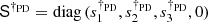 Mathematical equation: $ \mathsf{S}^{\dag_{\rm PD}} = \mathrm{diag}\,( s_1^{\dag_{\rm PD}}, s_2^{\dag_{\rm PD}}, s_3^{\dag_{\rm PD}}, 0) $