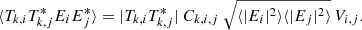 Mathematical equation: $$ \begin{aligned} \langle T_{k,i} T_{k,j}^*E_i E_j^* \rangle = |T_{k,i} T_{k,j}^*| \ C_{k,i,j} \ \sqrt{\langle |E_i|^2 \rangle \langle |E_j|^2 \rangle } \, V_{i,j}. \end{aligned} $$