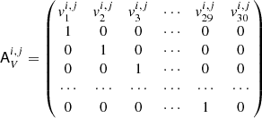 Mathematical equation: $$ \begin{aligned} \mathsf A _V^{i,j} = \left(\!\! \begin{array}{cccccc} { v}_1^{i,j}&{ v}_2^{i,j}&{ v}_3^{i,j}&\cdots&{ v}_{29}^{i,j}&{ v}_{30}^{i,j} \\ 1&0&0&\cdots&0&0\\ 0&1&0&\cdots&0&0\\ 0&0&1&\cdots&0&0\\ \cdots&\cdots&\cdots&\cdots&\cdots&\cdots \\ 0&0&0&\cdots&1&0 \end{array}\!\!\right) \end{aligned} $$