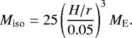 Mathematical equation: \begin{equation*} M_{\textrm{iso}} = 25 \left(\frac{H/r}{0.05}\right)^{3} {M}_{\textrm{E}}. \end{equation*}