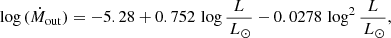 Mathematical equation: $$ \begin{aligned} \log \,({\dot{M}}_{\rm out})=-5.28+0.752\,\log {L\over \,L_{\odot }}-0.0278\,\log ^2{L\over \,L_{\odot }} , \end{aligned} $$