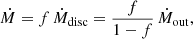 Mathematical equation: $$ \begin{aligned} \dot{M}=f\,\dot{M}_{\rm disc}={f\over 1-f}\,\dot{M}_{\rm out}, \end{aligned} $$
