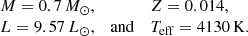 Mathematical equation: $$ \begin{aligned} \begin{array}{ll} M=0.7\,M_{\odot }, \qquad&Z=0.014,\\ L=9.57\,L_{\odot }, \quad \mathrm{and} \quad&T_{\rm eff}=4130\,\mathrm{K}. \end{array} \end{aligned} $$
