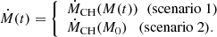 Mathematical equation: $$ \begin{aligned} {\dot{M}}(t)=\left\{ \begin{array}{l} {\dot{M}}_{\rm CH}(M(t))\;\;\mathrm{(scenario\ 1)}\\ {\dot{M}}_{\rm CH}({M_{0}})\quad \mathrm{(scenario\ 2)}. \end{array}\right. \end{aligned} $$