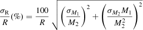 Mathematical equation: $$ \begin{aligned} \frac{\sigma _{\rm R}}{R} (\%)=\frac{100}{R}~\sqrt{\left(\frac{\sigma _{M_1}}{M_2}\right)^2 + \left(\frac{\sigma _{M_2}M_1}{M_2^2}\right)^2} \end{aligned} $$