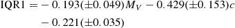 Mathematical equation: $$ \begin{aligned} \mathrm{IQR1} =& -0.193(\pm 0.049) M_V -0.429(\pm 0.153) c \nonumber \\&-0.221(\pm 0.035) \end{aligned} $$