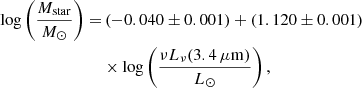 Mathematical equation: $$ \begin{aligned} \log \left(\frac{M_{\mathrm{star} }}{{M}_{\odot }}\right) =& \left(-0.040 \pm 0.001\right) + \left(1.120 \pm 0.001\right)\nonumber \\&\times \log \left(\frac{\nu L_{{\nu }}(3.4\,\mu \mathrm{m} )}{{L}_{\odot }}\right), \end{aligned} $$