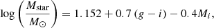 Mathematical equation: $$ \begin{aligned} \log \left(\frac{M_{\mathrm{star} }}{{M}_{\odot }}\right) = 1.152 + 0.7\left(g-i\right) - 0.4M_i, \end{aligned} $$