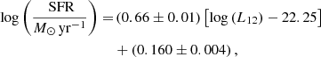 Mathematical equation: $$ \begin{aligned} \log \left(\frac{\text{ SFR}}{{M}_{\odot }\,\mathrm{yr} ^{-1}}\right) =& \left(0.66 \pm 0.01\right) \left[\log \left(L_{12}\right) - 22.25\right]\nonumber \\&+ \left(0.160 \pm 0.004\right), \end{aligned} $$
