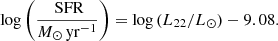 Mathematical equation: $$ \begin{aligned} \log \left(\frac{\text{ SFR}}{{M}_{\odot }\,\mathrm{yr} ^{-1}}\right) = \log \left(L_{22}/{L}_{\odot }\right) - 9.08. \end{aligned} $$