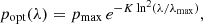 Mathematical equation: $$ \begin{aligned} p_{\rm opt}(\lambda ) = p_{\rm max} \, e^{-K \ln ^2(\lambda /\lambda _{\rm max})}, \end{aligned} $$