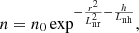 Mathematical equation: $$ \begin{aligned} n = n_0 \exp ^{-\frac{r^2}{L_{\rm nr}^2} -\frac{h}{L_{\rm nh}}}, \end{aligned} $$