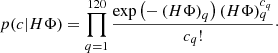 Mathematical equation: $$ p(c\vert H\Phi ) = \prod _{q=1}^{120}\frac{\exp \left(-\left( H\Phi \right)_q \right)\left(H\Phi \right)_q^{c_q} }{c_q!}\cdot $$