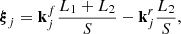 Mathematical equation: $$ {\boldsymbol{\xi }}_j = \mathbf{k}_j^f \frac{L_1+L_2}{S} - \mathbf{k}_j^r \frac{L_2}{S}, $$