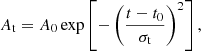Mathematical equation: $$ \begin{aligned} A_{\rm t} = A_{0} \exp \left[ - \left(\frac{t - t_\mathrm{0} }{\sigma _{\rm t}}\right)^2\right], \end{aligned} $$
