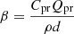 Mathematical equation: $ \beta = \frac{C_{\mathrm{pr}}Q_{\mathrm{pr}}}{\rho d} $