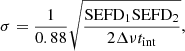 $$ \begin{aligned} \sigma =\frac{1}{0.88}\sqrt{\frac{\mathrm{SEFD} _1\mathrm{SEFD} _2}{2\Delta \nu t_{\mathrm{int} }}}, \end{aligned} $$