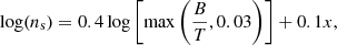 $$ \begin{aligned} \log ( n_{\rm s} )= 0.4 \log \left[ \mathrm{max}\left(\frac{B}{T},0.03\right)\right] + 0.1 x, \end{aligned} $$