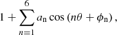 $$ \begin{aligned} 1+\sum _{n=1}^6 a_{\rm n} \cos \left( n \theta + \phi _{\rm n} \right), \end{aligned} $$