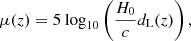 Mathematical equation: $$ \begin{aligned} \mu (z)=5\text{ log}_{10}\left(\frac{H_0}{c}d_{\rm L}(z)\right), \end{aligned} $$