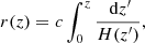 Mathematical equation: $$ \begin{aligned} r(z)=c\int _0^z\frac{\text{ d}z^{\prime }}{H(z^{\prime })}, \end{aligned} $$