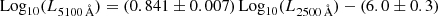 $$ \begin{aligned} \mathrm{Log}_{10}({L}_{\rm 5100\,\AA }) = (0.841\pm 0.007)\,\mathrm{Log}_{10}({L}_{\rm 2500\,\AA })-(6.0 \pm 0.3) \end{aligned} $$