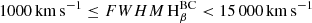 $ 1000\,\mathrm{km\,s}^{-1} \leq {FWHM\,\mathrm{H}}_{\beta}^{\mathrm{BC}} < 15\,000\,\mathrm{km\,s}^{-1} $